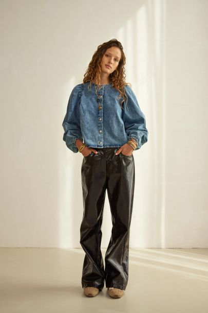 Blauwe denim top met ballon mouwen