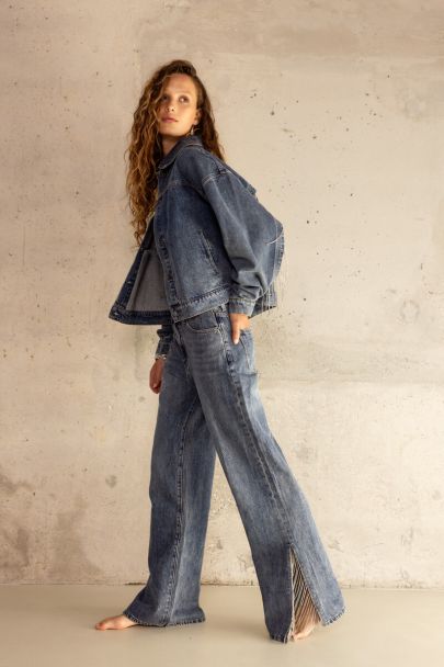 Blauwe wide leg jeans met strassfranjes