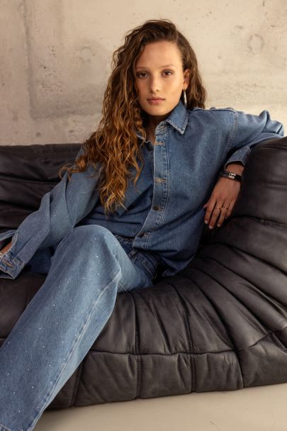 Blauwe denim blouse met strass