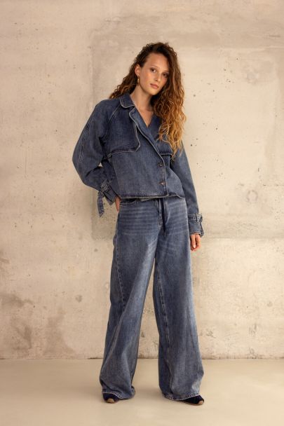 Blauwe wide leg jeans met koord