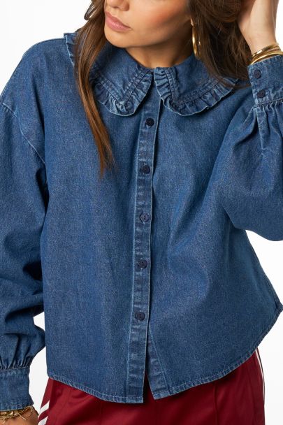 Denim blouse met kraag met ruffle
