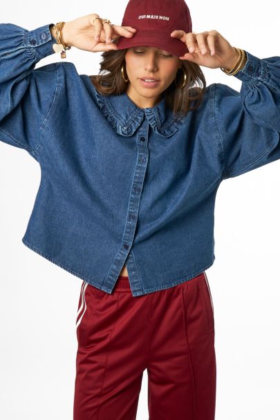 Denim blouse met kraag met ruffle