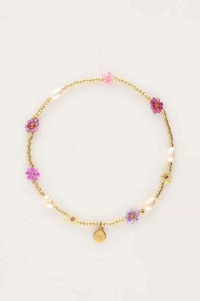 Sunrocks elastieken armband met roze bloemen & zoetwaterparels