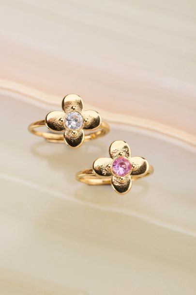 Botanical ring met bloem en roze strass steen