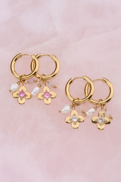 Botanical statement oorringen met bloem en roze strass steen
