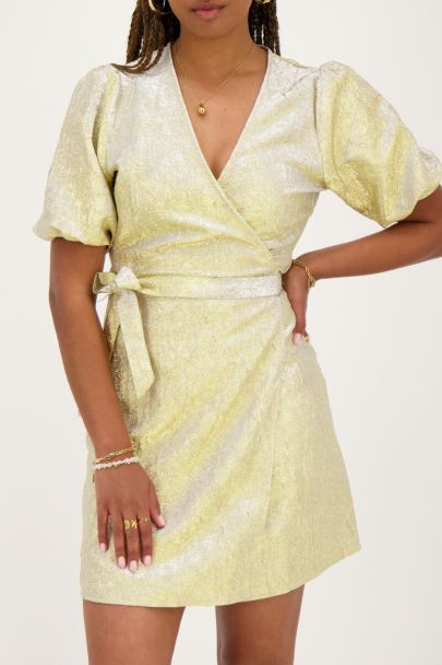 Gold wrap dress with puff sleeves