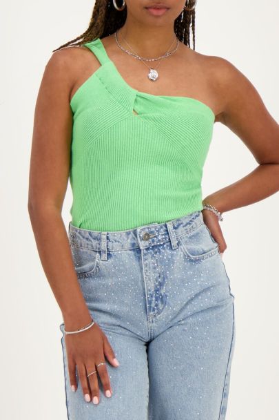 Green one-shoulder top with twisted effect