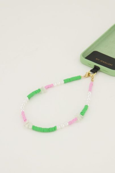 Green phone lanyard with freshwater pearls