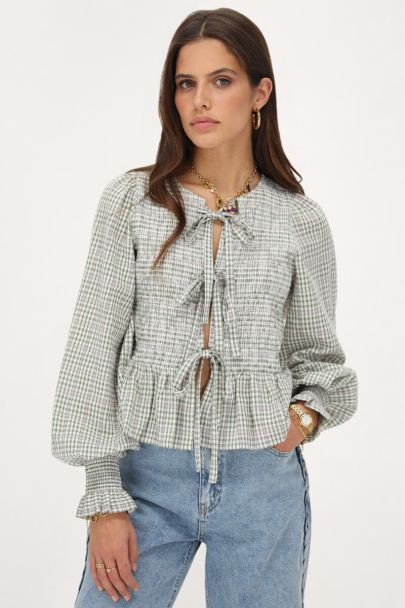 Groen gesmokte blouse met ruitjes & strikjes
