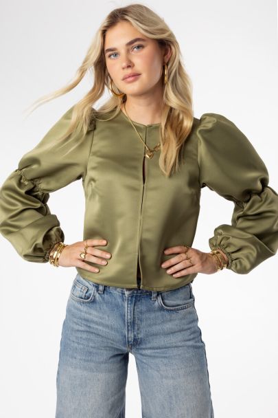 Groene top met pofmouwen in satijn look