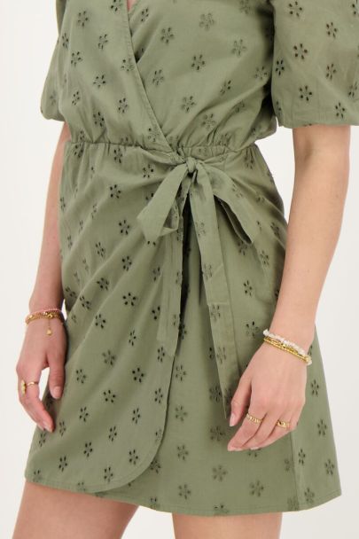 Green wrap dress with floral embroidery