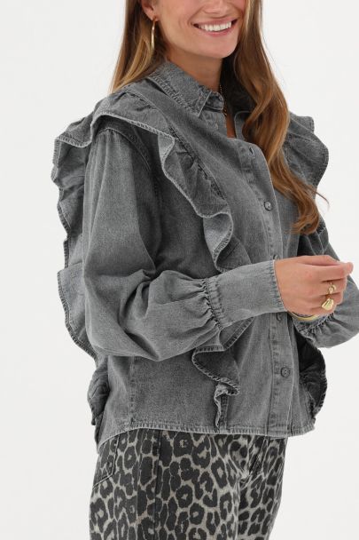 Grijze denim look top met ruffles
