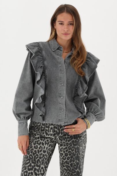 Grijze denim look top met ruffles