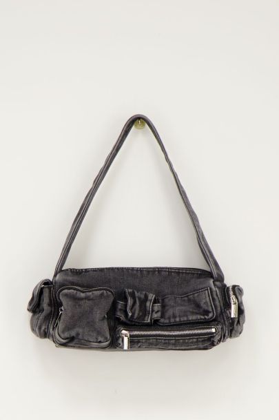 Grey denim shoulder bag with compartments and zippers