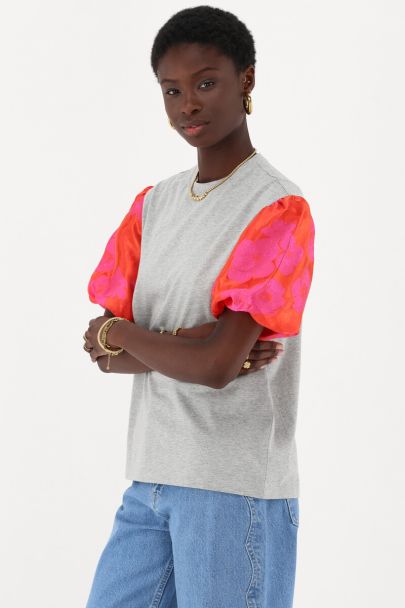 T-shirt gris à manches bouffantes en jacquard