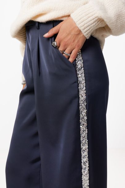 Grey wide satin pants with sequin tapes