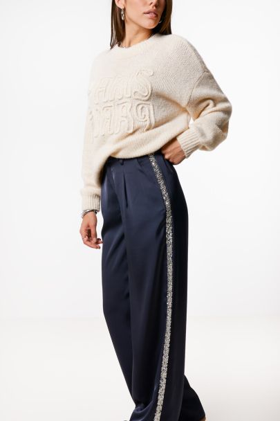 Grey wide satin pants with sequin tapes