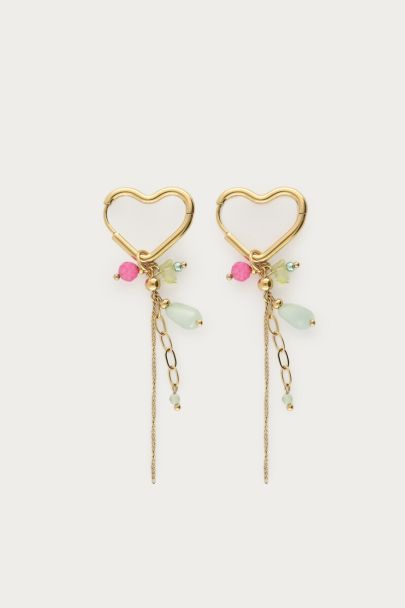 Heart-shaped earrings with green beads & balls