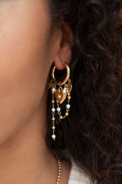 Earrings with heart & faux pearl cords