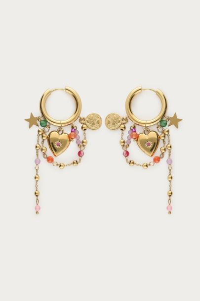 Earrings with heart & multicoloured beaded cords
