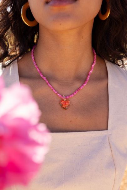 Island pinke Perlenkette mit Herz und orangefarbener Blume