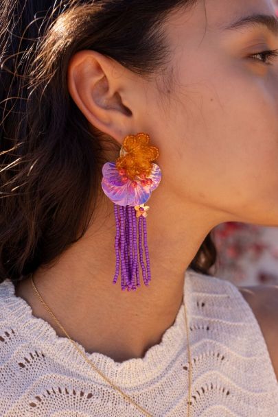 Island boucles d'oreilles avec fleurs et franges roses