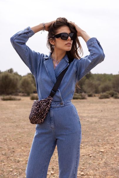 Blue denim jumpsuit with collar