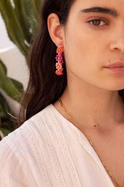 Large hoop earrings with pink flowers