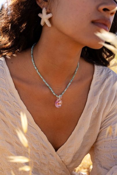 Island collier de perles aqua avec fleur rose