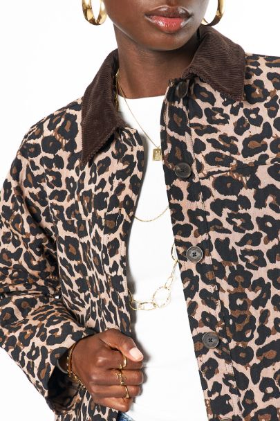 Leopard print jacket with corduroy collar