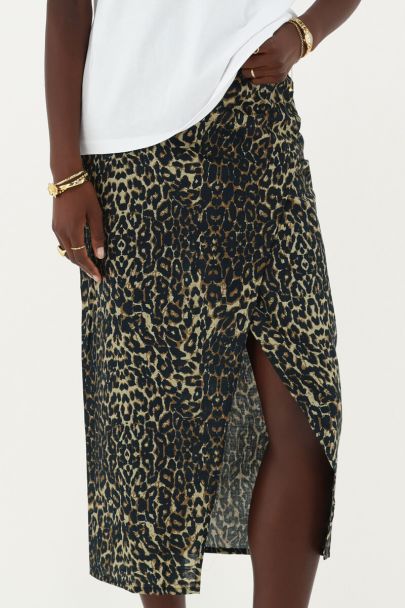 Panterprint linnen look midi rok met split