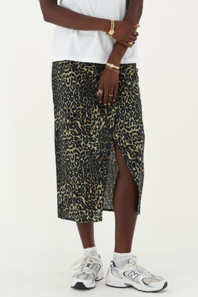 Panterprint linnen look midi rok met split