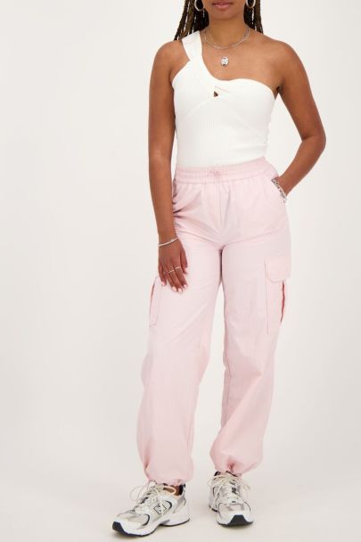 Pantalon cargo rose pâle avec ceinture élastique