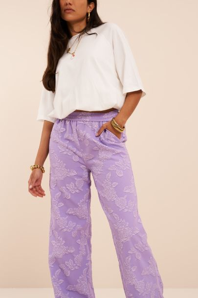 Lila jacquard wijde pantalon met elastische band