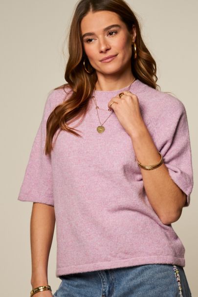 Lila gebreide raglan trui met korte mouwen