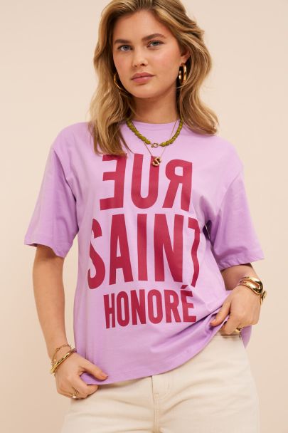 Lila T-shirt met rood "Rue saint honore"