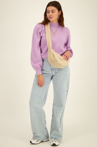 Lilac turtleneck sweater with puff sleeves