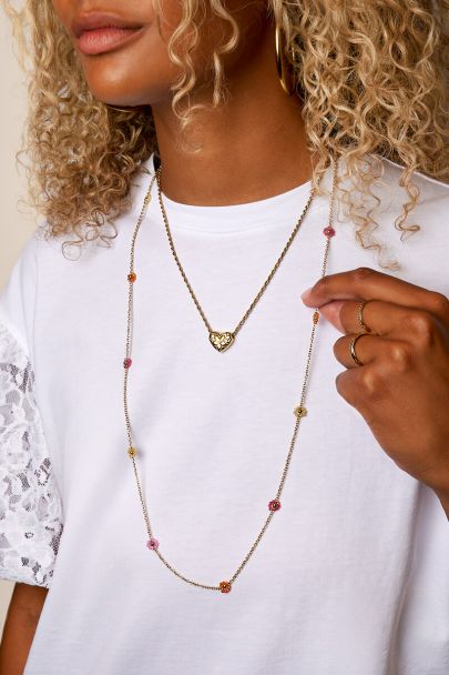 Long minimalist necklace with multicoloured floral beads