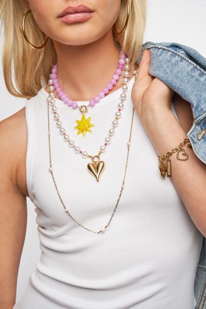 Lange ketting met roze kralen & zoetwaterparels