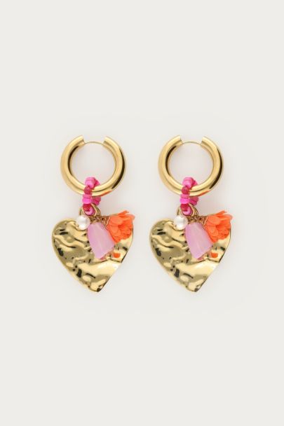 Mer hoop earrings with heart & pink beads