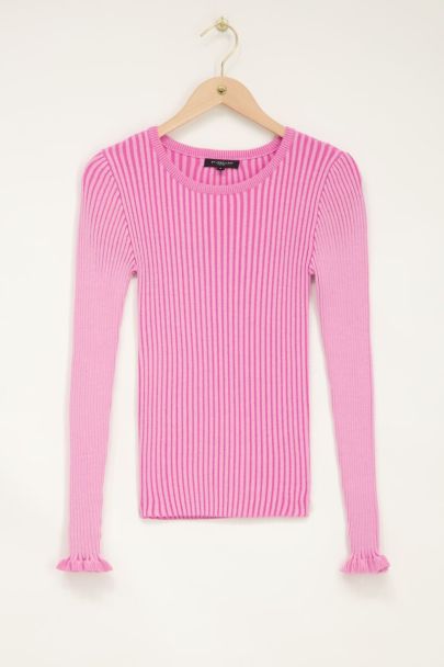 Rosa Pullover mit Streifen und Rüschenärmeln