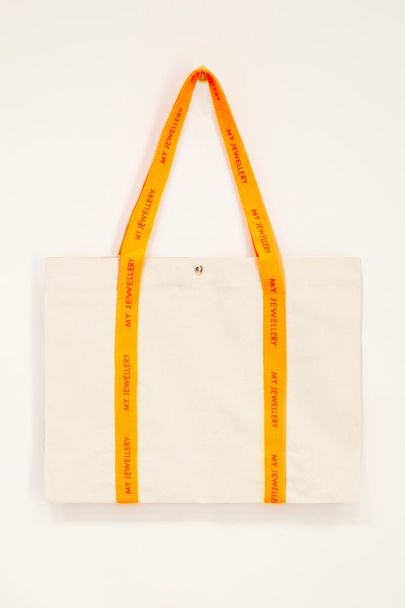 Beige canvas shopper met oranje hengsel