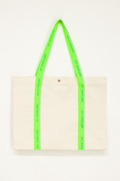 Beige canvas shopper met neon groen hengsel | My Jewellery