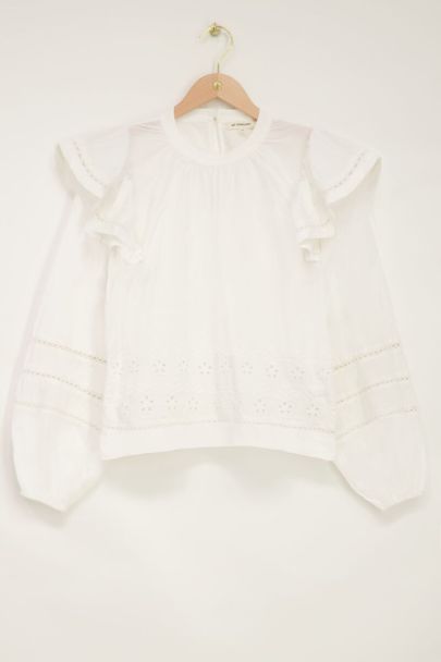 Weiße Bluse mit Stickerei und Schulterrüsche