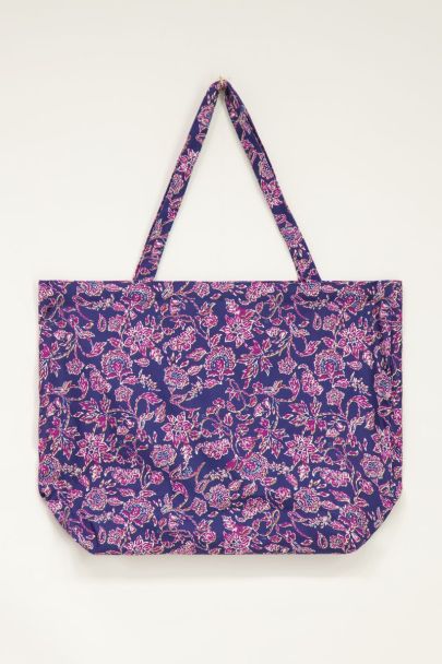Blauwe shopper met paarse bloemenprint | My Jewellery