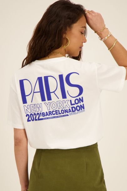 Wit T-shirt met worldtour backprint blauw