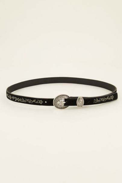Black embroidered belt with silver buckle | My Jewellery