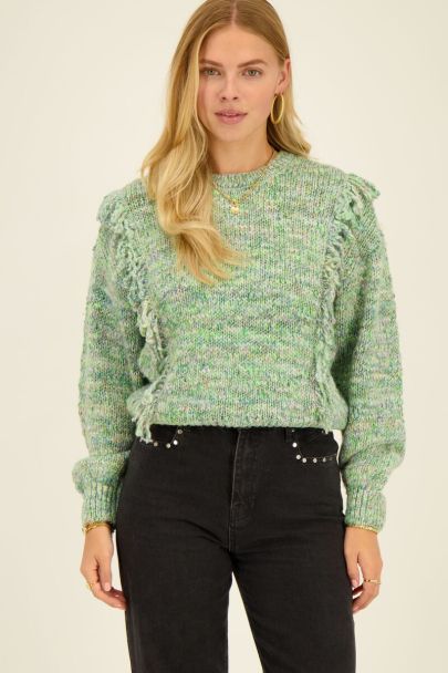 Green spacedye oversized sweater with fringing