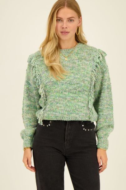 Grüner Oversize Pullover Spacedye mit Fransen