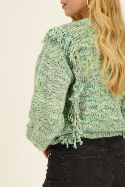 Green spacedye oversized sweater with fringing